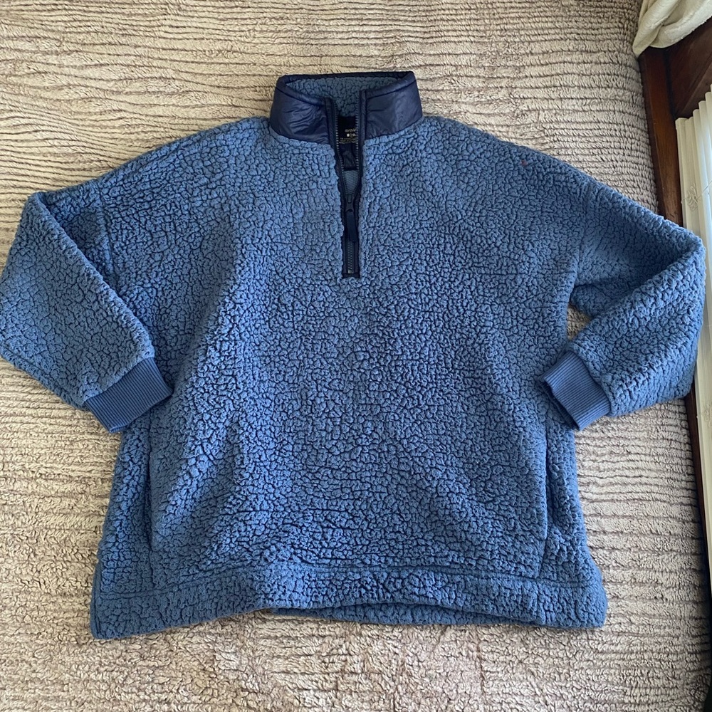 Aerie Blue Quarter Zip Long Sleeve Teddy Pullover Coat Size Medium w/ Pockets